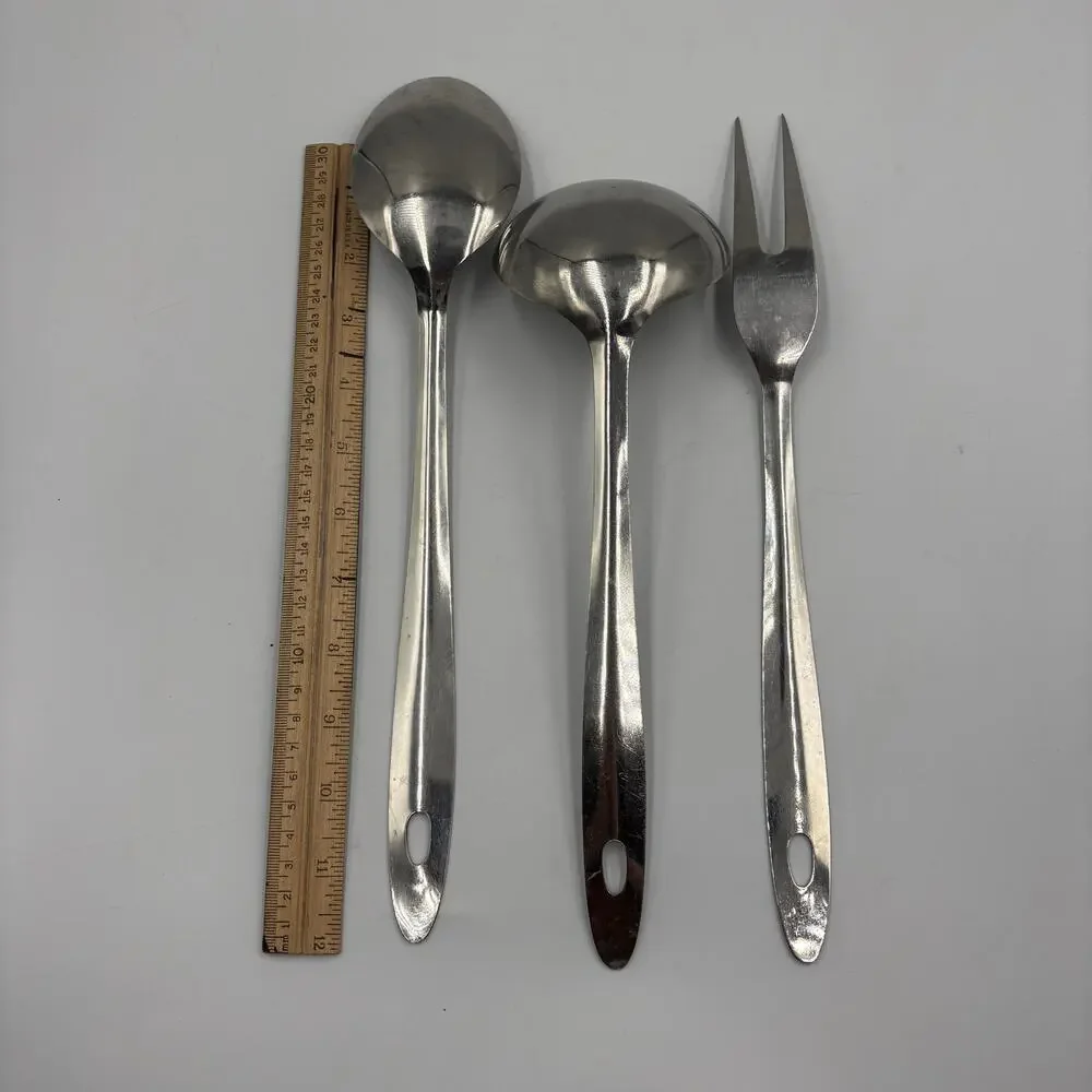 Vintage Stainless Steel Serving Utensils 3 Pc Ladle Spoon Meat Fork MCM